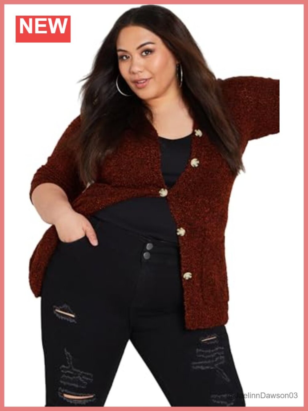Plus Size Boucle Cardigan V-Neck Tortoiseshell Buttons Front Pockets Long Sleeve